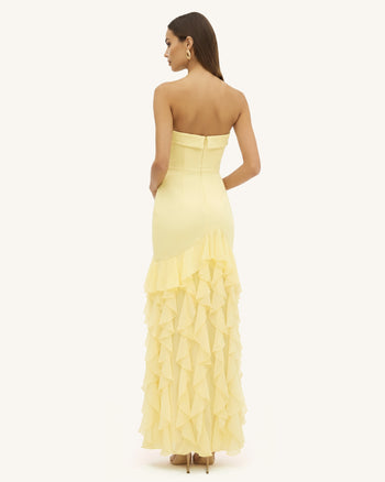 Orchid Embroidered Ruffled Strapless Maxi Dress - Pale Yellow