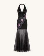 Orchid Embroidered Sheer Hem Halter Maxi Dress-  Black Purple