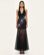 Orchid Embroidered Sheer Hem Halter Maxi Dress-  Black Purple