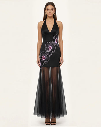 Orchid Embroidered Sheer Hem Halter Maxi Dress-  Black Purple