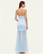 Orchid Embroidered Sheer Hem Halter Maxi Dress - Light Blue