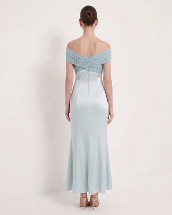 Pleated Cross-Halter Satin Maxi Dress - Dusty Blue
