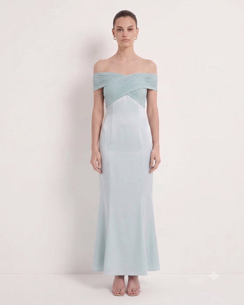 Pleated Cross-Halter Satin Maxi Dress - Dusty Blue