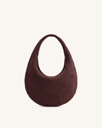 Nola Faux Suede Woven Hobo Shoulder Bag - Dark Mocha