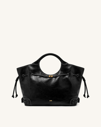 Virelle Waxed Vegan Leather Drawstring Tote Bag – Black