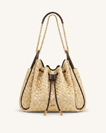 Rowan Faux Straw Ruched Drawstring Chain Bucket Bag - Brown
