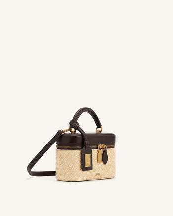 Cleo Faux Straw Box Shape Top Handle Bag - Brown