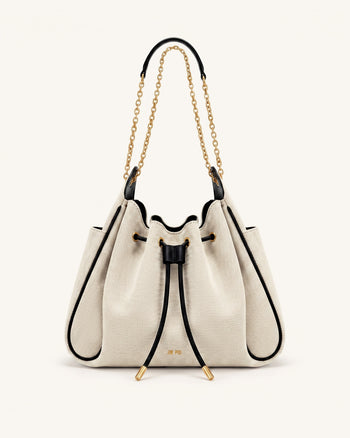 Rowan Ruched Drawstring Chain Bucket Bag - Black Canvas