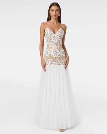 Floral Appliqué Sheer Tulle Maxi Dress - White