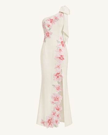 Flower Embroidered One-Shoulder Maxi Dress - Ivory