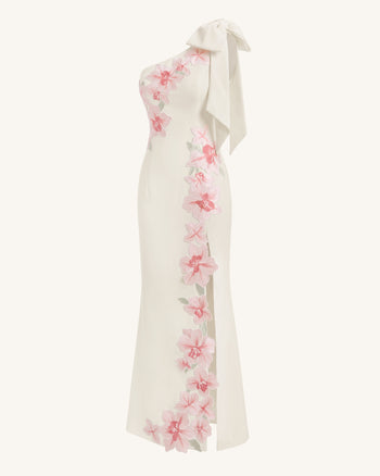 Flower Embroidered One-Shoulder Maxi Dress - Ivory