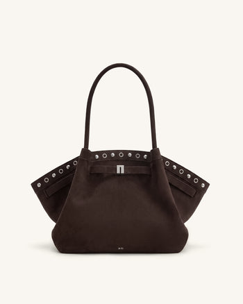 Hana Medium Faux Suede Tote Bag - Dark Chocolate Brown