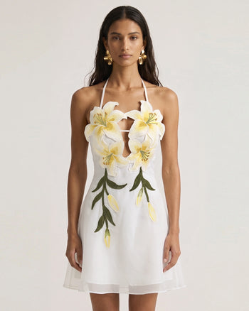 Lily-Embroidered Halter Mini Dress - White