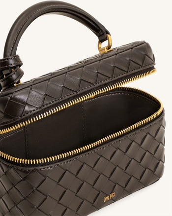 Cleo Woven Texture Box Shape Top Handle Bag - Dark Brown