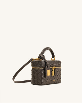 Cleo Woven Texture Box Shape Top Handle Bag - Dark Brown