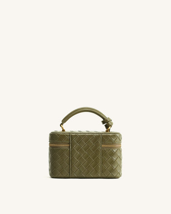Cleo Woven Texture Box Shape Top Handle Bag - Olive Green