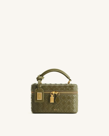 Cleo Woven Texture Box Shape Top Handle Bag - Olive Green