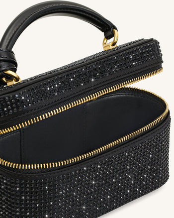 Cleo Artificial Crystal Box Shape Top Handle Bag - Black