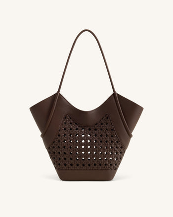Maribel Woven Panel Tote Bag - Dark Brown