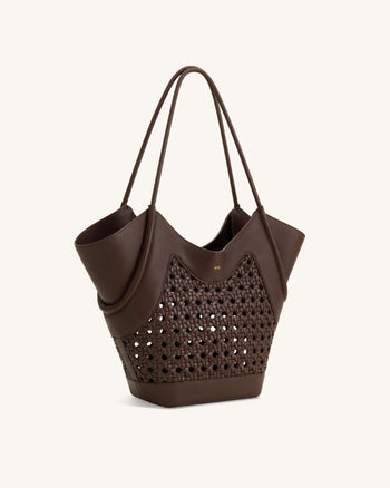 Maribel Woven Panel Tote Bag - Dark Brown
