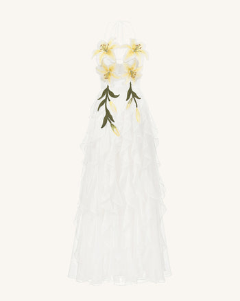 Lily-Embroidered Embroidered Halter Tiered Maxi Dress - White