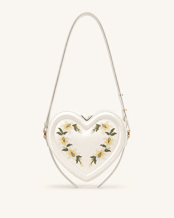 Arlene Embroidered Heart Shape Crossbody Bag - Milky White