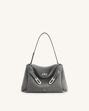 Rhea Faux Suede Double Buckle Shoulder Bag - Grey