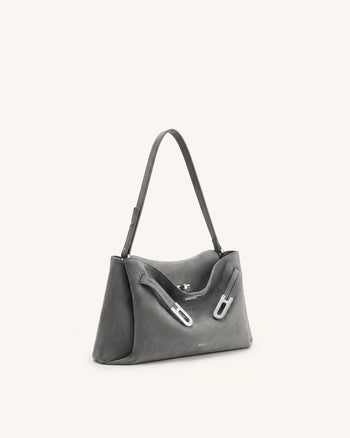Rhea Faux Suede Double Buckle Shoulder Bag - Grey