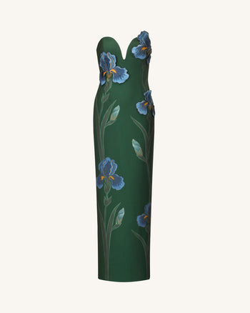 Iris Embroidered Notch Neck Strapless Maxi Dress - Emerald Green