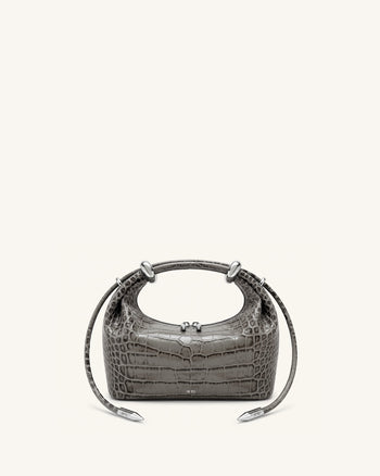 Ellie Metal Ring Embellished Top Handle Bag - Medium Gray Croc