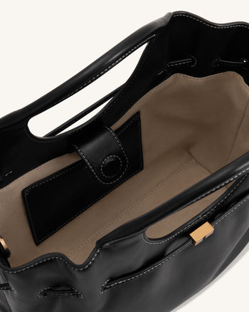 Virelle Waxed Vegan Leather Drawstring Tote Bag – Black
