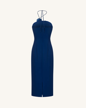 Iris Embroidered Halter Midi Dress - Navy Blue