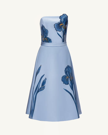 Iris Embroidered Strapless A-Line Midi Dress - Dusty Blue