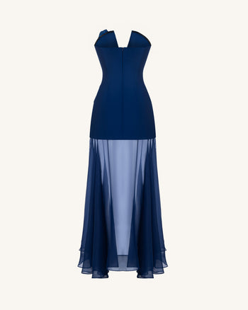 Iris Embroidered Plunge Sheer Overlay Maxi Dress - Navy Blue