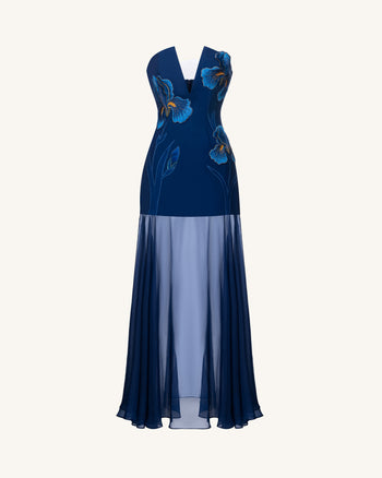 Iris Embroidered Plunge Sheer Overlay Maxi Dress - Navy Blue