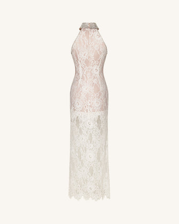 Jeweled Lace Halter Dress - White