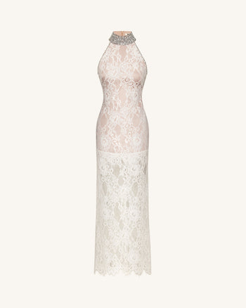 Jeweled Lace Halter Dress - White