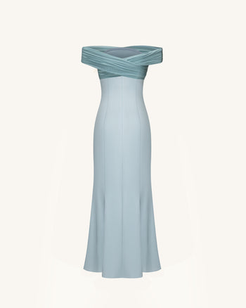Pleated Cross-Halter Satin Maxi Dress - Dusty Blue