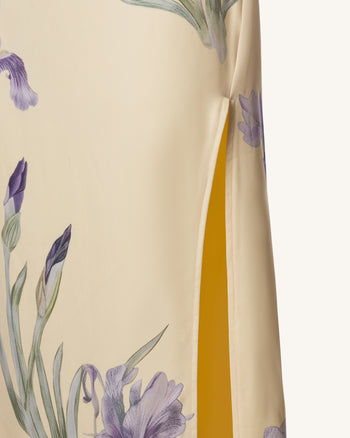Iris Print Strapless Satin Slit Maxi Dress - Soft Yellow
