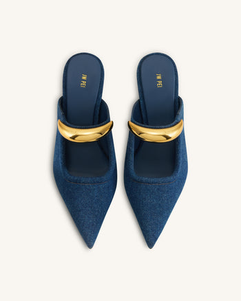 Sofia Metal Accent Sphere Heel Mules - Denim Blue