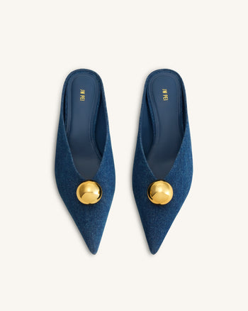 Helena Gold Sphere Pointed Toe Mules - Denim Blue