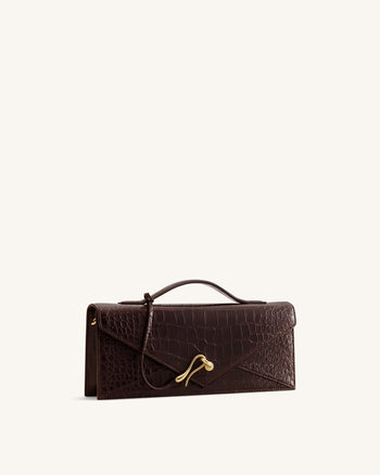 Celeste Envelope Top Handle Bag - Dark Brown Croc