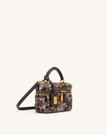 Cleo Metallic Sequin Box Shape Top Handle Bag - Brown