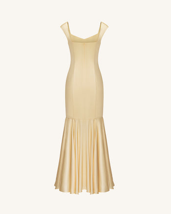 Iris Print Satin Mermaid Maxi Dress - Soft Yellow