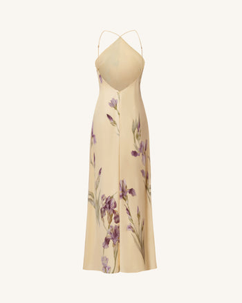 Iris Print Cross-Halter Open-Back Maxi Dress - Yellow