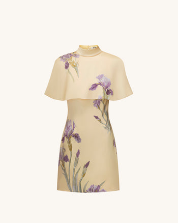 Iris Print Cape Overlay Mini Dress - Soft Yellow