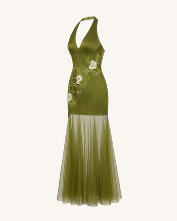 Orchid Embroidered Sheer Hem Halter Maxi Dress - Olive