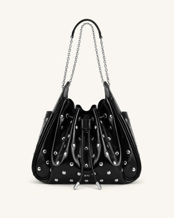 Rowan Studded Ruched Drawstring Chain Bucket Bag - Shiny Black