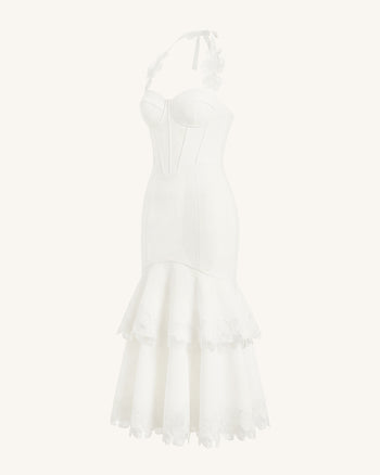 Orchid Embroidered Halter Corset Midi Dress - White