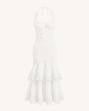 Orchid Embroidered Halter Corset Midi Dress - White